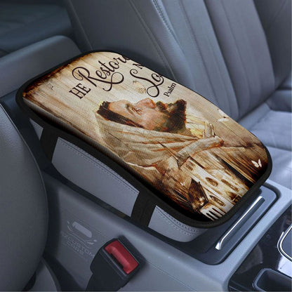 Jesus Church He Restores My Soul Car Center Console Cover, Bible Verse Car Armrest Cover