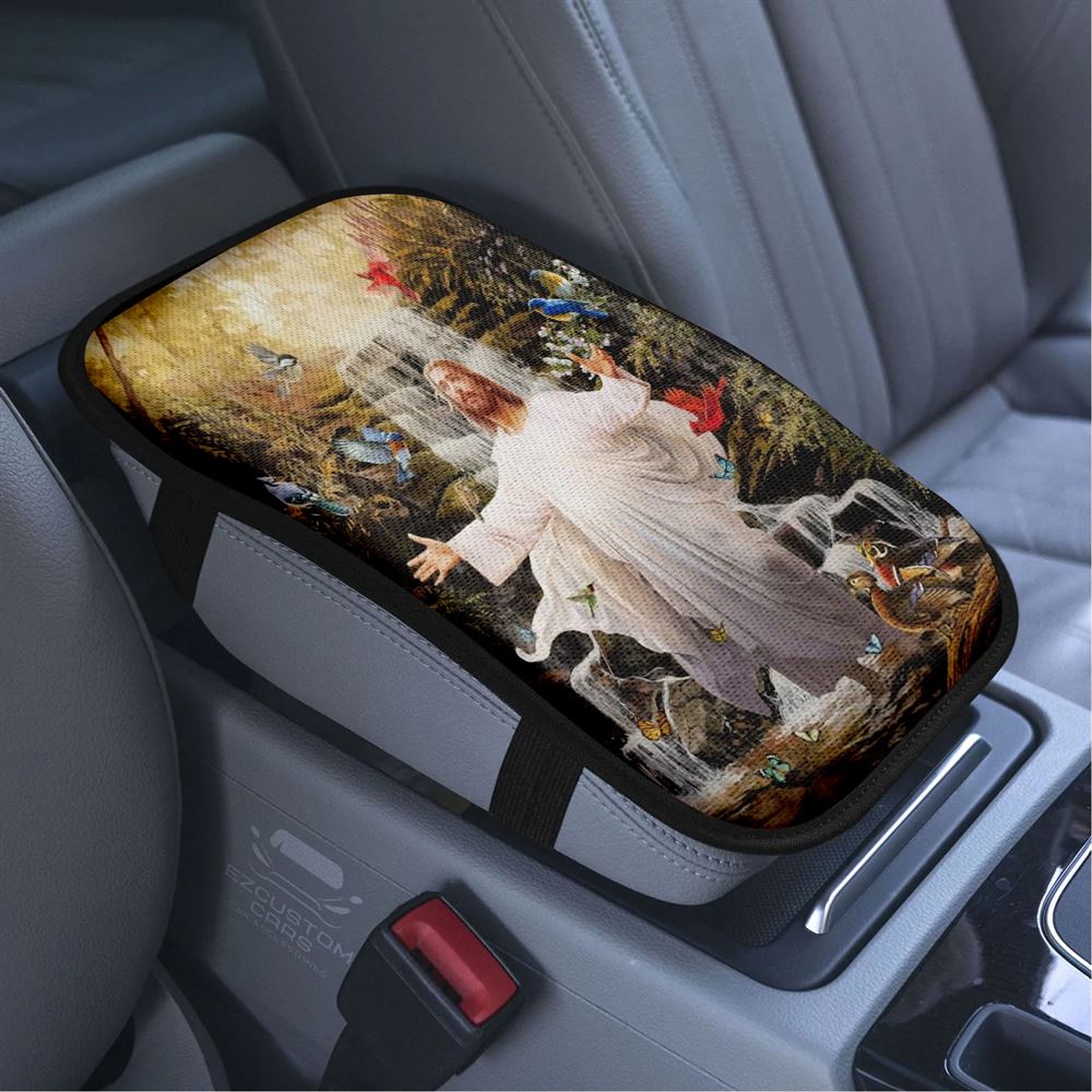 Jesus, Colorful Birds, Forest Stream, Scenery Painting Car Center Console Cover, Bible Verse Car Armrest Cover