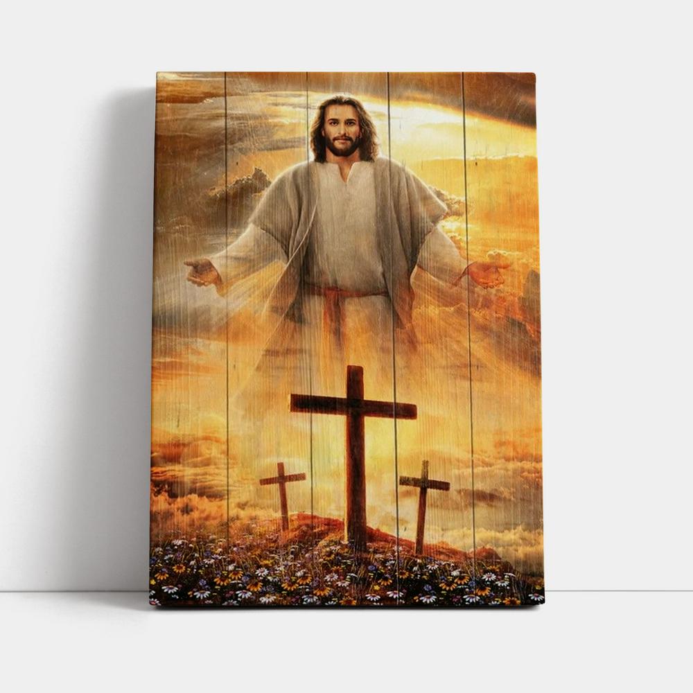 Jesus Cross, Three Wooden Crosses, Daisy Field, Heaven Sky Canvas Poster