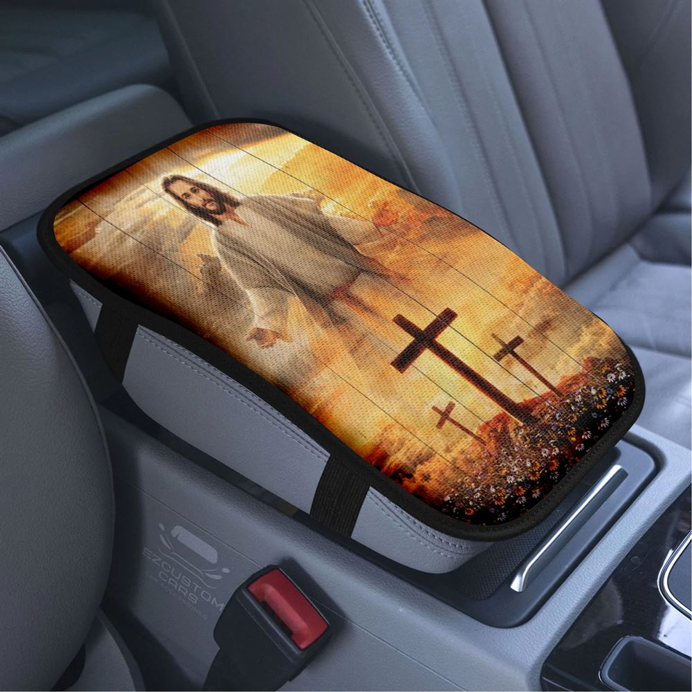 Jesus Cross, Three Wooden Crosses, Daisy Field, Heaven Sky Car Center Console Cover, Bible Verse Car Armrest Cover