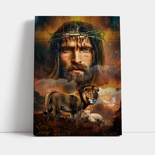 Jesus Crown Of Thorns Lion Lamb Holy Spirit Dove Wall Art Canvas - Jesus Portrait Canvas Prints - Christian Wall Art