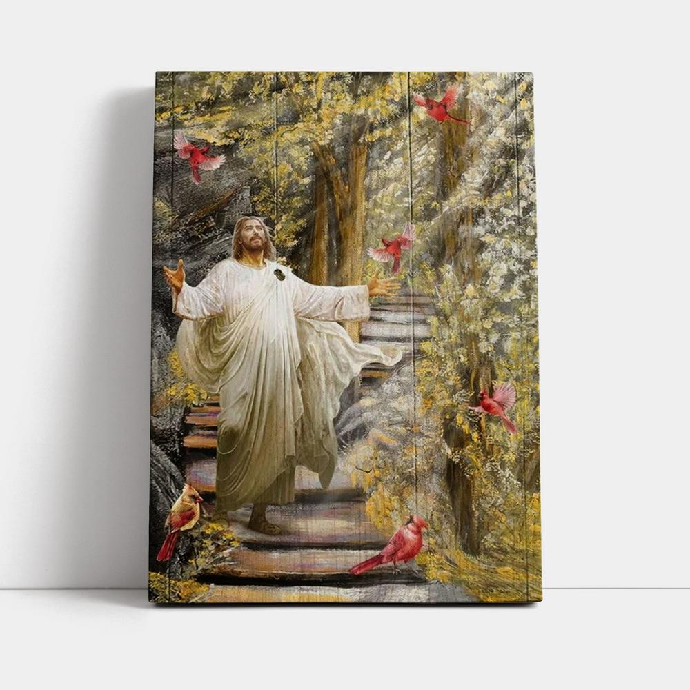 Jesus Drawing Cardinals Autumn Forest Canvas Poster