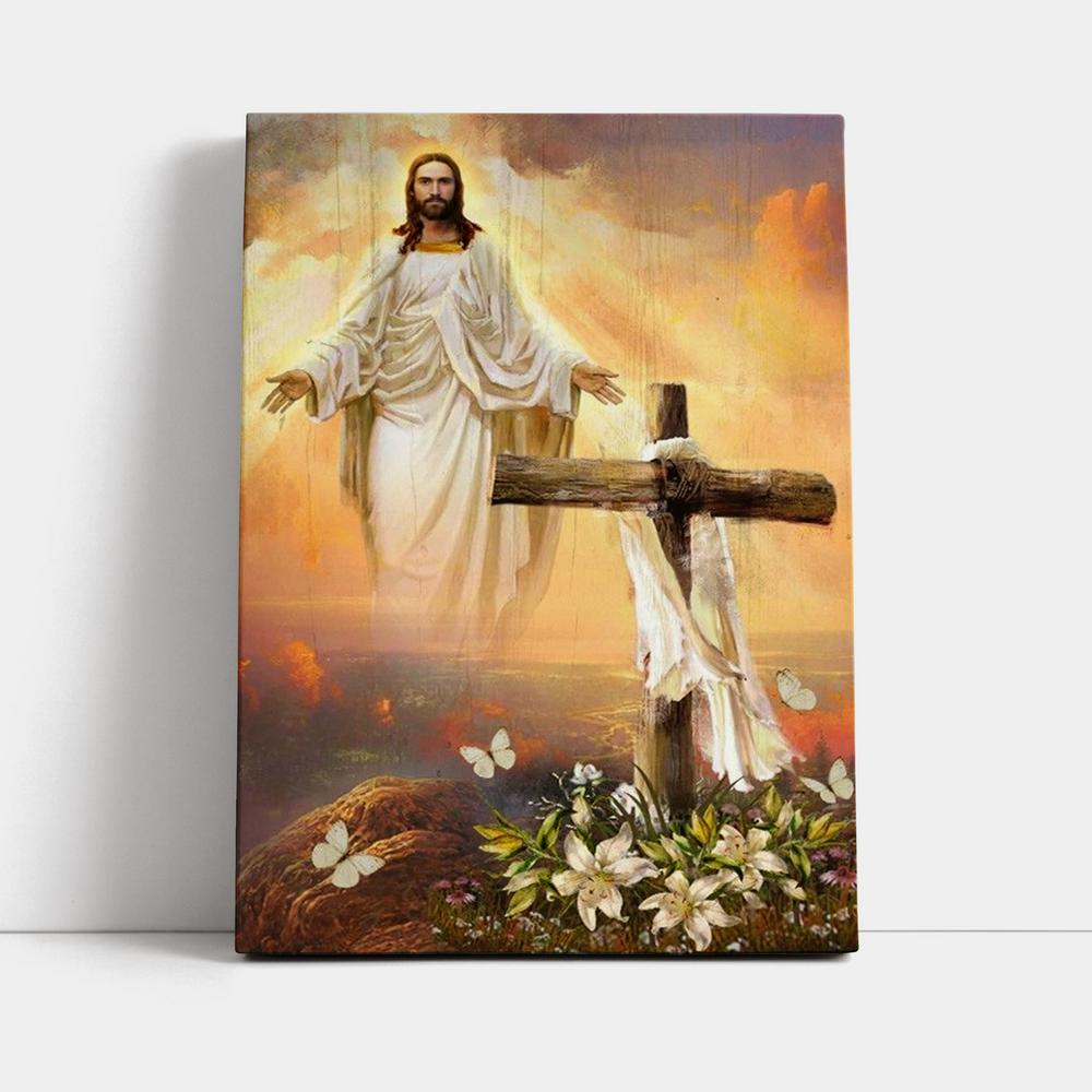 Jesus Drawing, Cross Symbol, Lily Flower, Sunset, In The Sky Canvas Poster