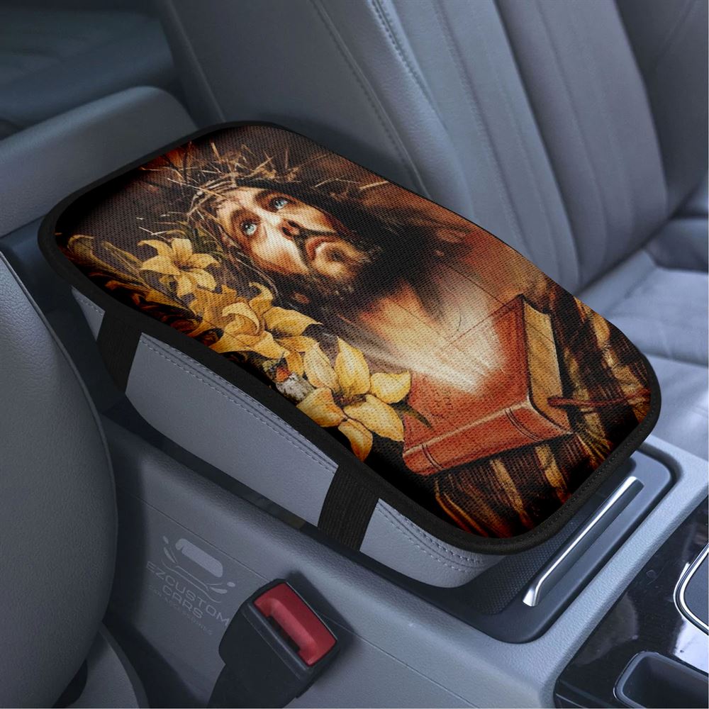 Jesus Drawing, Yellow Lily, Bible Car Center Console Cover, Bible Verse Car Armrest Cover