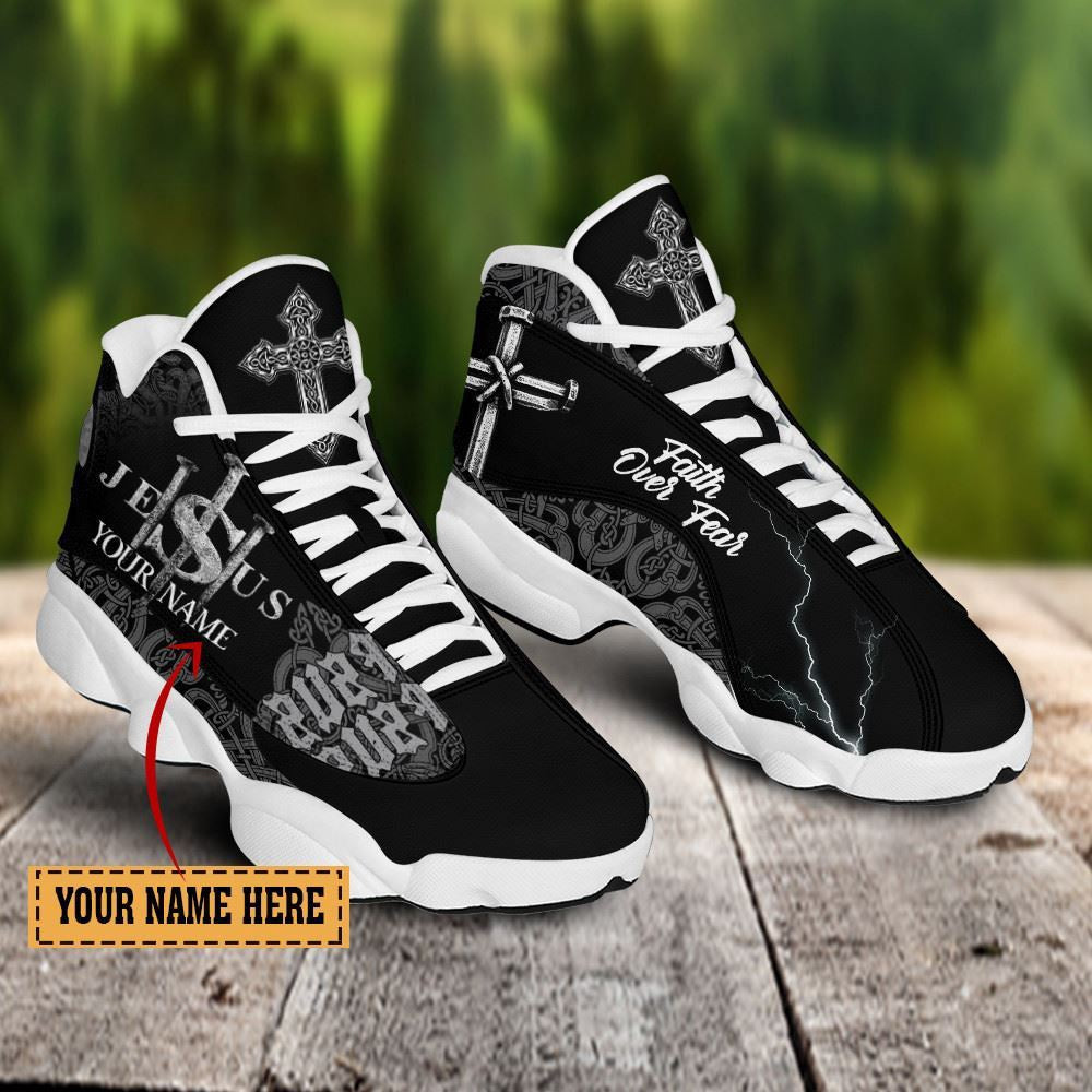 Jesus Faith Over Fear Black Pattern Custom Name Jd13 Shoes, Jesus Christ Shoes