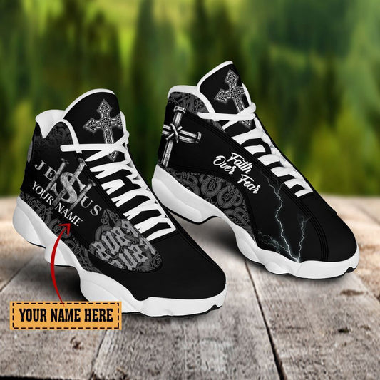 Jesus Faith Over Fear Black Pattern Custom Name Jd13 Shoes, Jesus Christ Shoes