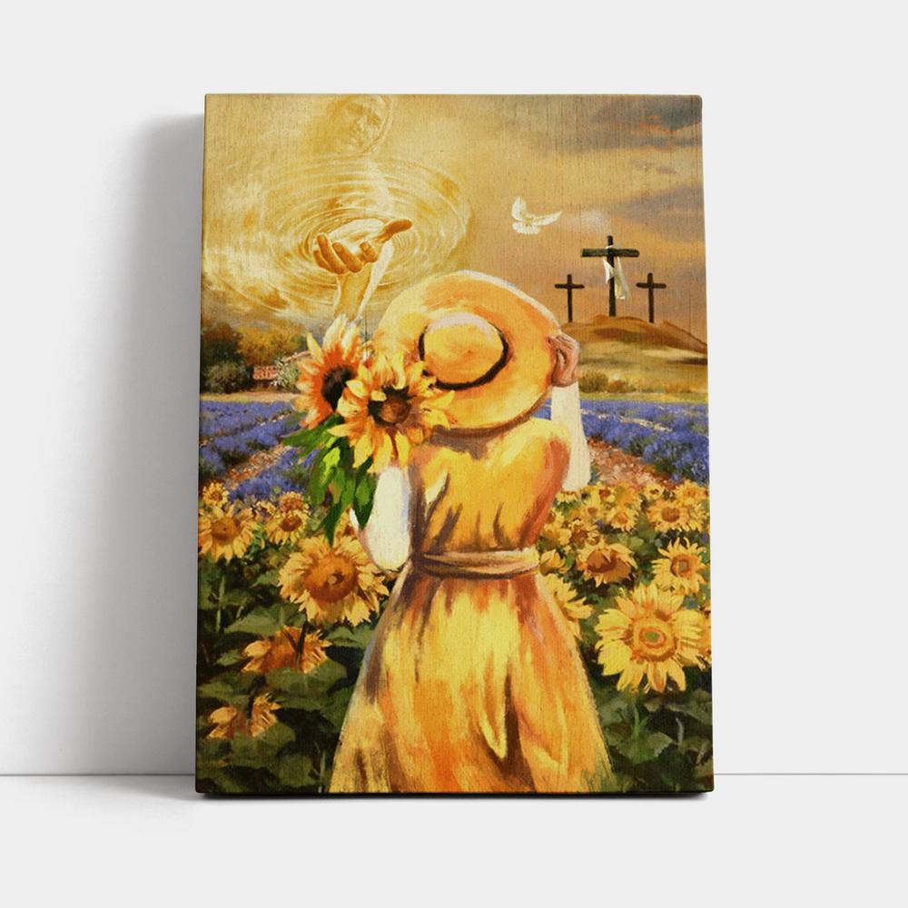 Jesus Hand Beautiful Girl Sunflower Field Cross Canvas Prints - Jesus Christ Canvas Art - Christian Wall Decor