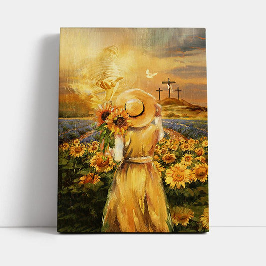 Jesus Hand Beautiful Girl Sunflower Field Cross Canvas Wall Art - Christian Canvas Prints - Bible Verse Canvas Art