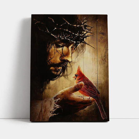 Jesus Hand Red Cardinals Thorn Crown Jesus Wall Art Canvas - Jesus Portrait Canvas Prints - Christian Wall Art