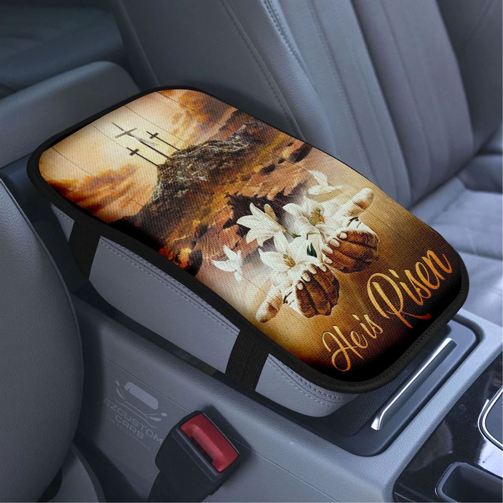 Jesus Hands White Lily Dove Cross He Is Risen Car Center Console Cover, Bible Verse Car Armrest Cover