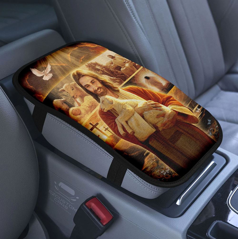 Jesus Holding A Dog Car Center Console Cover, Jesus Armrest Pad Cover, Christian Car Accessory