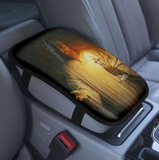 Jesus Holding A Dog Custom Car Center Console Cover, Personalized Pet Memorial Armrest Pad Cover, Pet Memorial Gifts