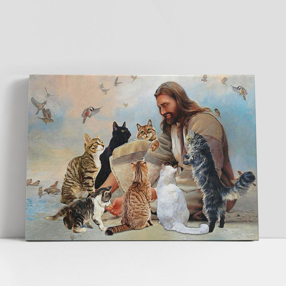 Jesus Is Surrounded By Cats Canvas Wall Art, Jesus Christ Canvas, Christian Gifts Canvas Prints