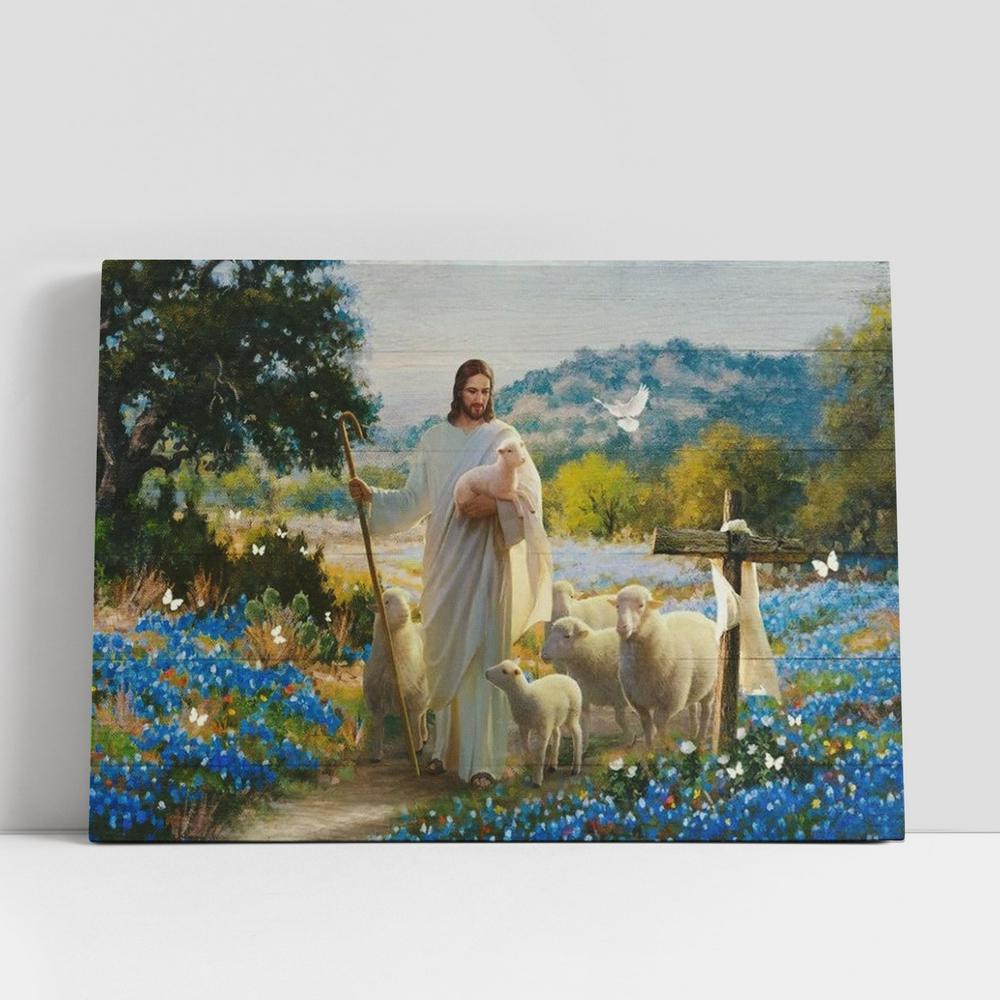 Jesus Lambs Of God Blue Flowers Cross Canvas Poster