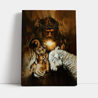 Jesus Lion And Lamb Cross Wall Art Canvas - Jesus Portrait Canvas Prints - Christian Wall Art