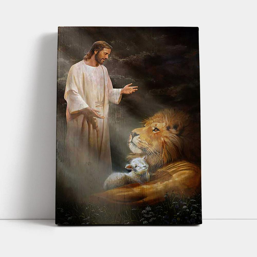 Jesus Lion And The Lambs Canvas Wall Art - Bible Verse Canvas Art - Inspirational Art - Christian Home Decor