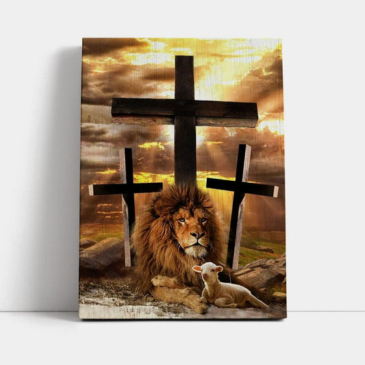 Jesus Lion Of Judah, Lamb Of God, Three Crosses Canvas Poster