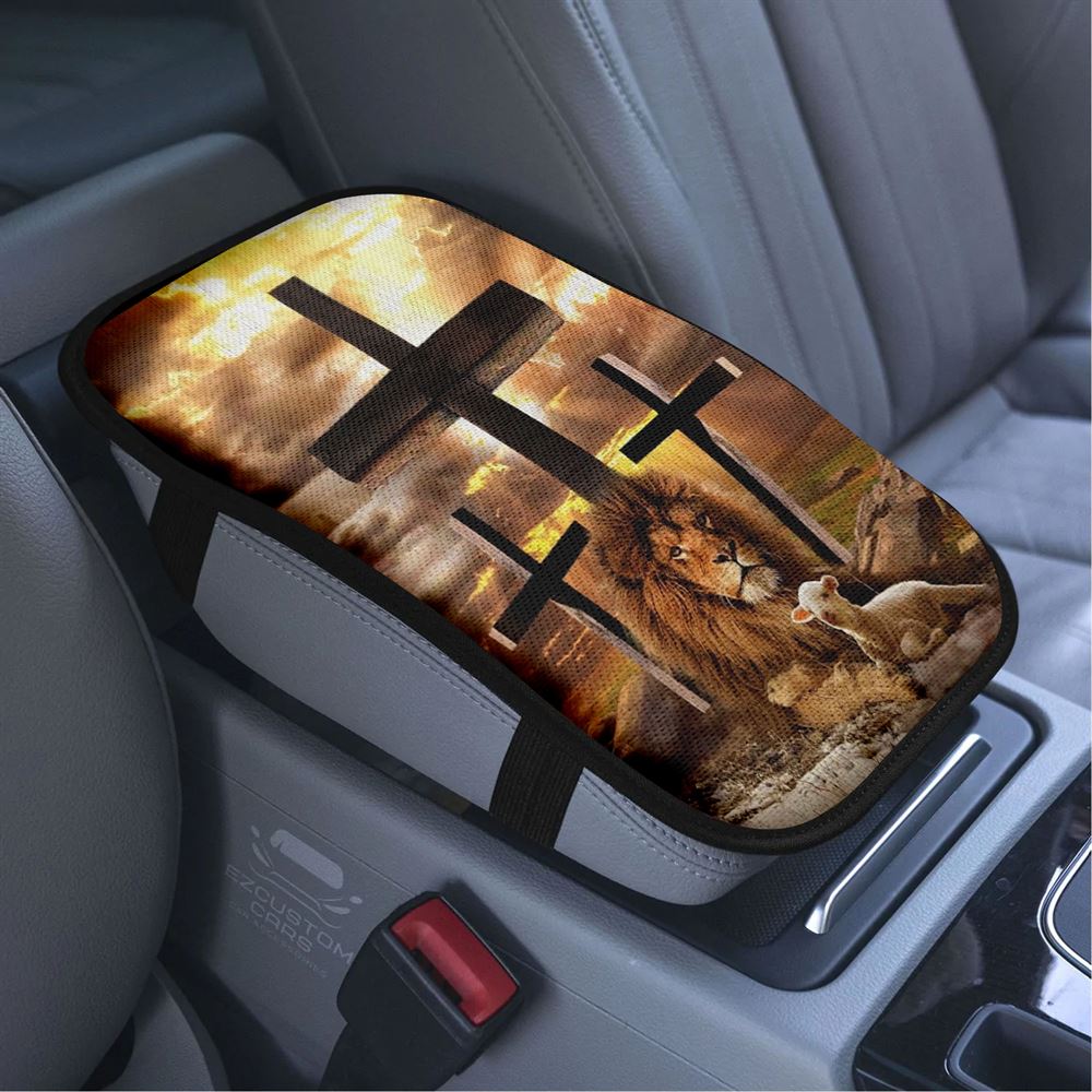 Jesus Lion Of Judah, Lamb Of God, Three Crosses Car Center Console Cover, Bible Verse Car Armrest Cover