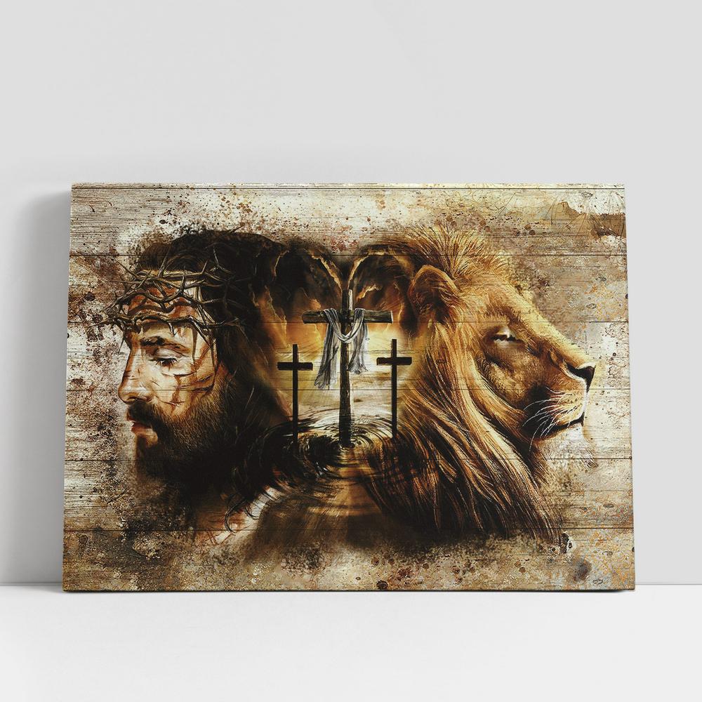 Jesus Lion Of Judah Three Wooden Crosses Canvas Art, Christian Gifts Wall Art Decor, Bible Verse Canvas