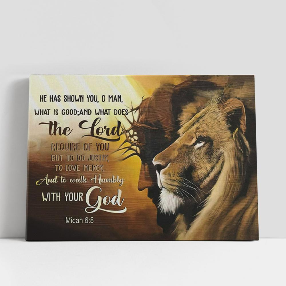 Jesus Lion Of Judah, Walk Humbly With Your God Micah 68 Bible Verse Canvas Wall Art, Christian Gifts Wall Decor