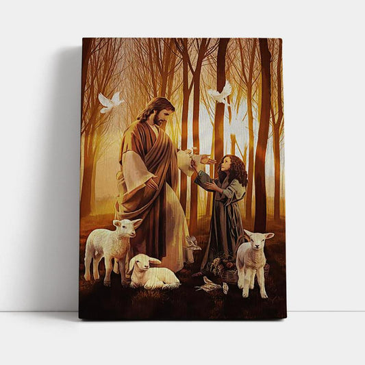 Jesus Little Girl Lamb Of God White Dove Wall Art Canvas - Jesus Portrait Canvas Prints - Christian Wall Art