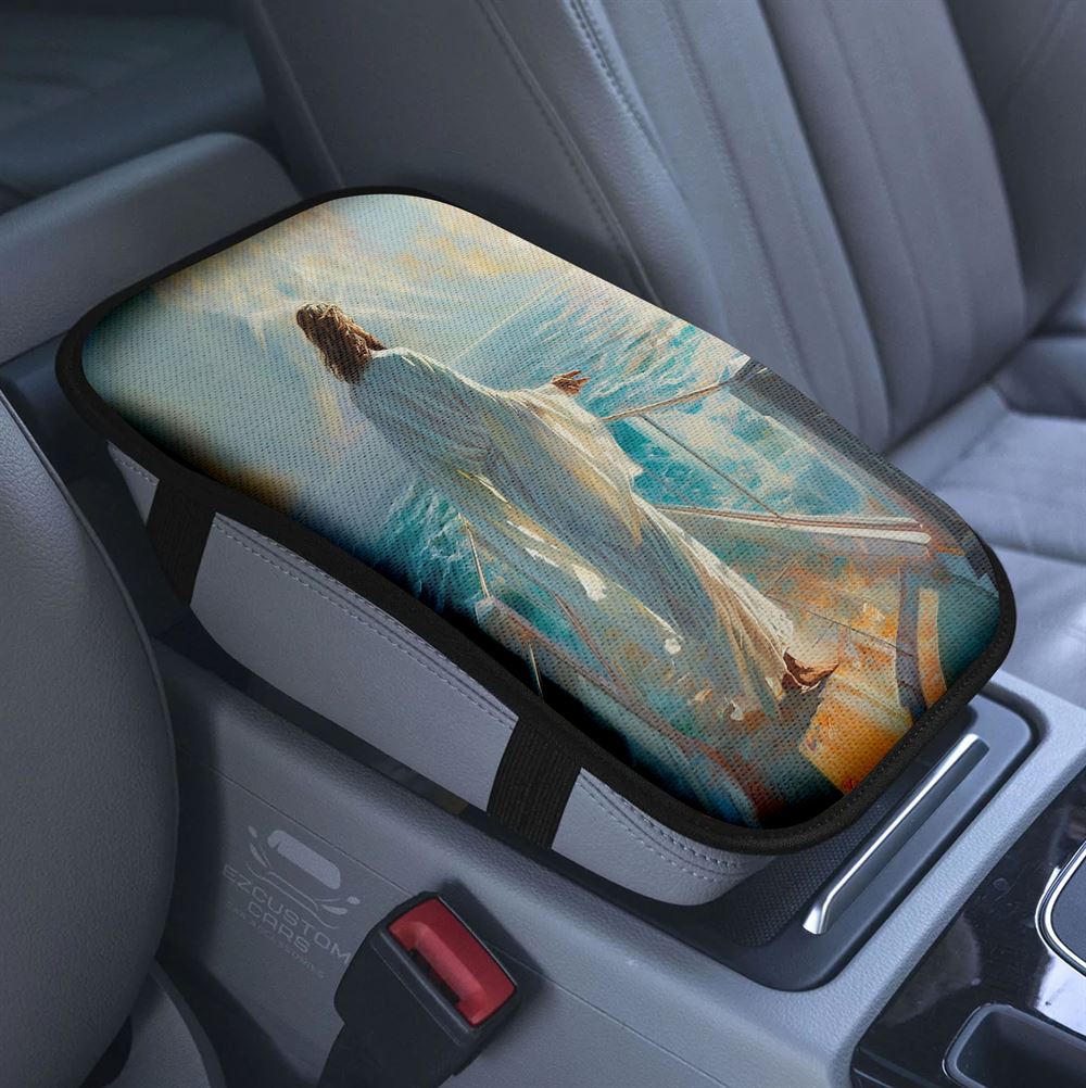 Jesus Lovely Cat Light Cross Car Center Console Cover, Jesus Portrait Armrest Pad Cover, Christian Car Accessory