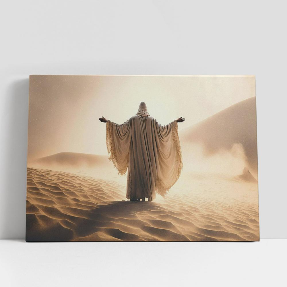 Jesus Man Coat Stand Desert Sands During Storm Raising Hands Praying Canvas Pictures, Faith Art, Christian Gifts Canvas Wall Art Decor