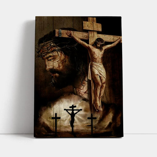 Jesus On Cross, Thorn Crown, Three Wooden Crosses Canvas Poster