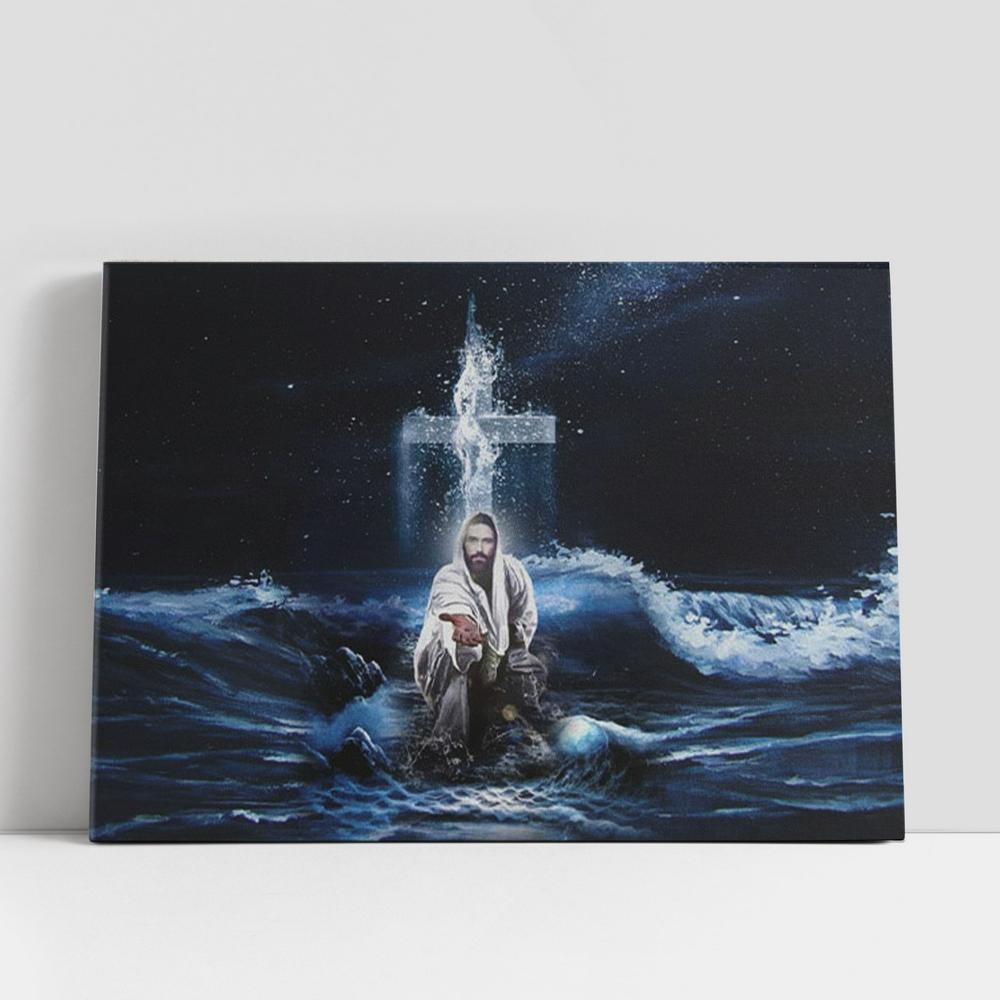 Jesus Outstretched Hands Saves Canvas Wall Art, Horizontal Christian Gifts Wall Art, Christian Gifts Wall Decor