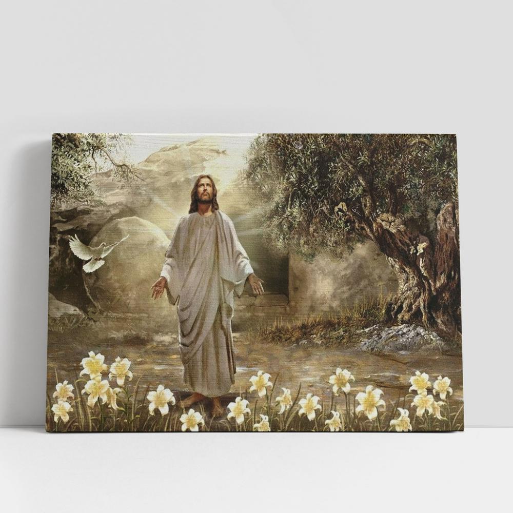 Jesus Painting, Dove Of Peace, Meadow Landscape, A New Day Has Come Canvas Poster