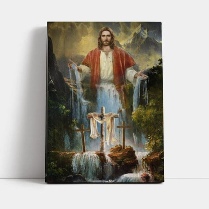 Jesus Painting Waterfall Beautiful Forest Canvas Poster