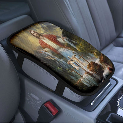 Jesus Painting Waterfall Beautiful Forest Car Center Console Cover, Bible Verse Car Armrest Cover