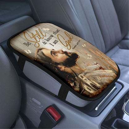 Jesus Painting, White Butterfly, Old Church, Be Still And Know That I Am God Car Center Console Cover, Bible Verse Car Armrest Cover