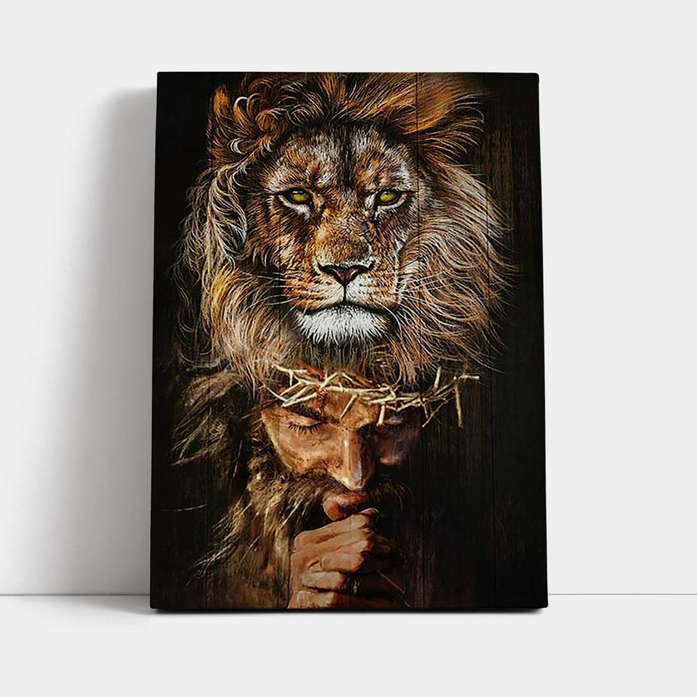 Jesus Pray Crown Of Thorn Lion Wall Art Canvas - Jesus Portrait Canvas Prints - Christian Wall Art