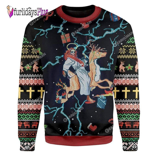 Jesus Riding Reindeer Black Ugly Christmas Sweater For Men & Women, Christian Sweater, God Gift, Gift For Christian, Jesus Winter Fashion