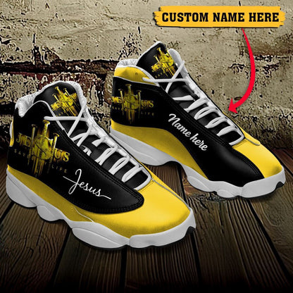 Jesus Saved My Life Custom Name Jd13 Shoes Yellow, Jesus Christ Shoes