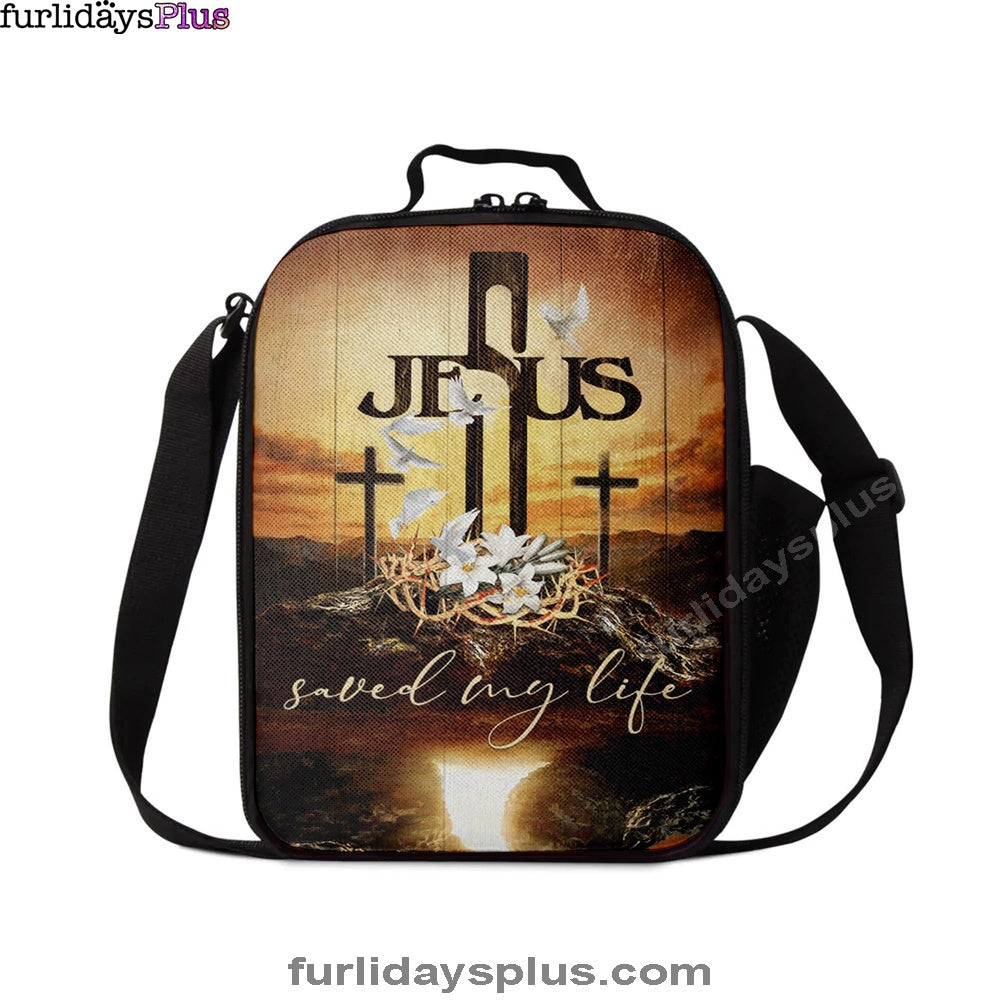 Jesus Saved My Life Lunchbag, Cross Crown Of Thorns White Lily White Dove Lunchbag, Jesus Christ Lunch Bag, Christian Lunch Bag