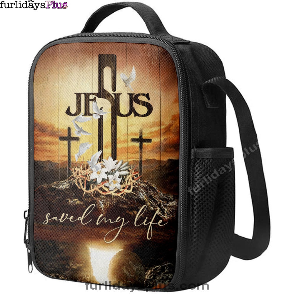 Jesus Saved My Life Lunchbag, Cross Crown Of Thorns White Lily White Dove Lunchbag, Jesus Christ Lunch Bag, Christian Lunch Bag