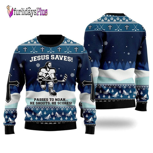Jesus Saves Hockey Ugly Christmas Sweater For Men & Women Adult, Christian Sweater, God Gift, Gift For Christian, Jesus Winter Fashion