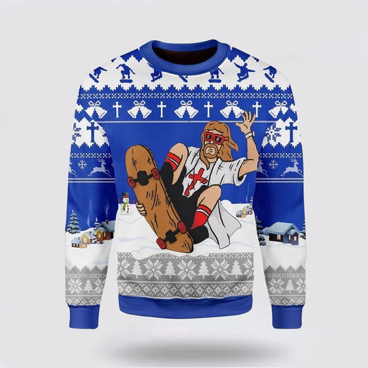 Jesus Skateboarding Christmas Ugly Christmas Sweater For Men & Women, Sweater For Christian
