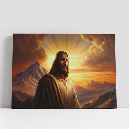 Jesus Standing Front Mountain With Sun Shining Him Canvas Pictures, Faith Art, Christian Gifts Canvas Wall Art Decor