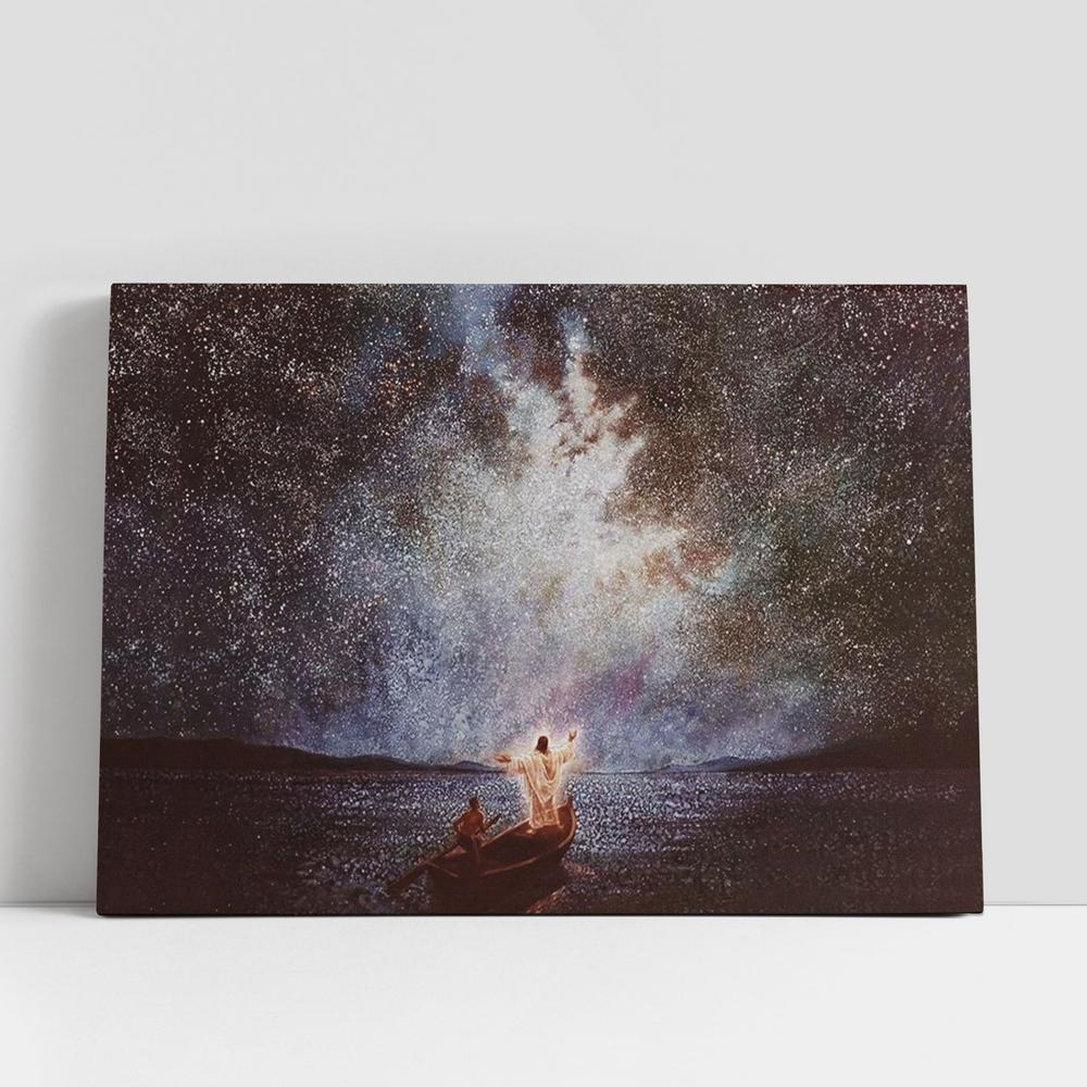 Jesus Standing On The Bow Of A Boat Canvas, Calm And Stars Large Canvas, Christian Gifts Canvas Prints, Religious Canvas Art