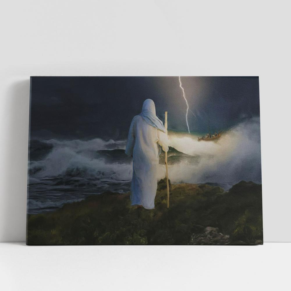 Jesus Standing On The Rock Shore Of A Stormy Sea Canvas Art, Christian Gifts Wall Art Decor, Jesus Christ Canvas