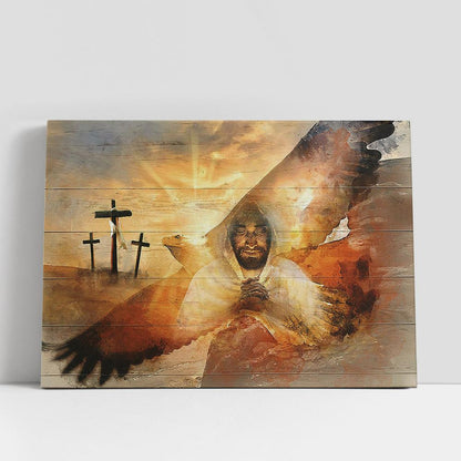 Jesus The Lord's Prayer Bald Eagle Three Wooden Crosses Canvas Wall Art, Bible Verse Canvas, Religious Prints