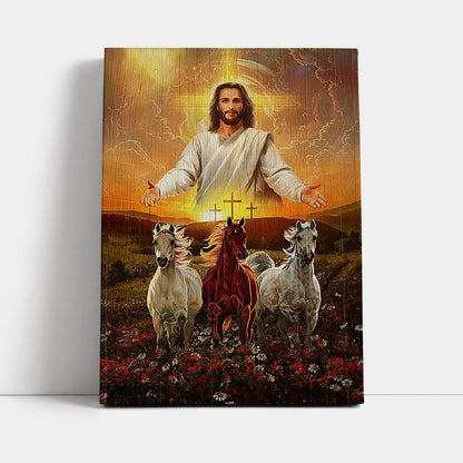 Jesus Three Wooden Crosses Gorgeous Horses Running At Sunrise Canvas Wall Art - Christian Wall Canvas - Gift For Horse Lover