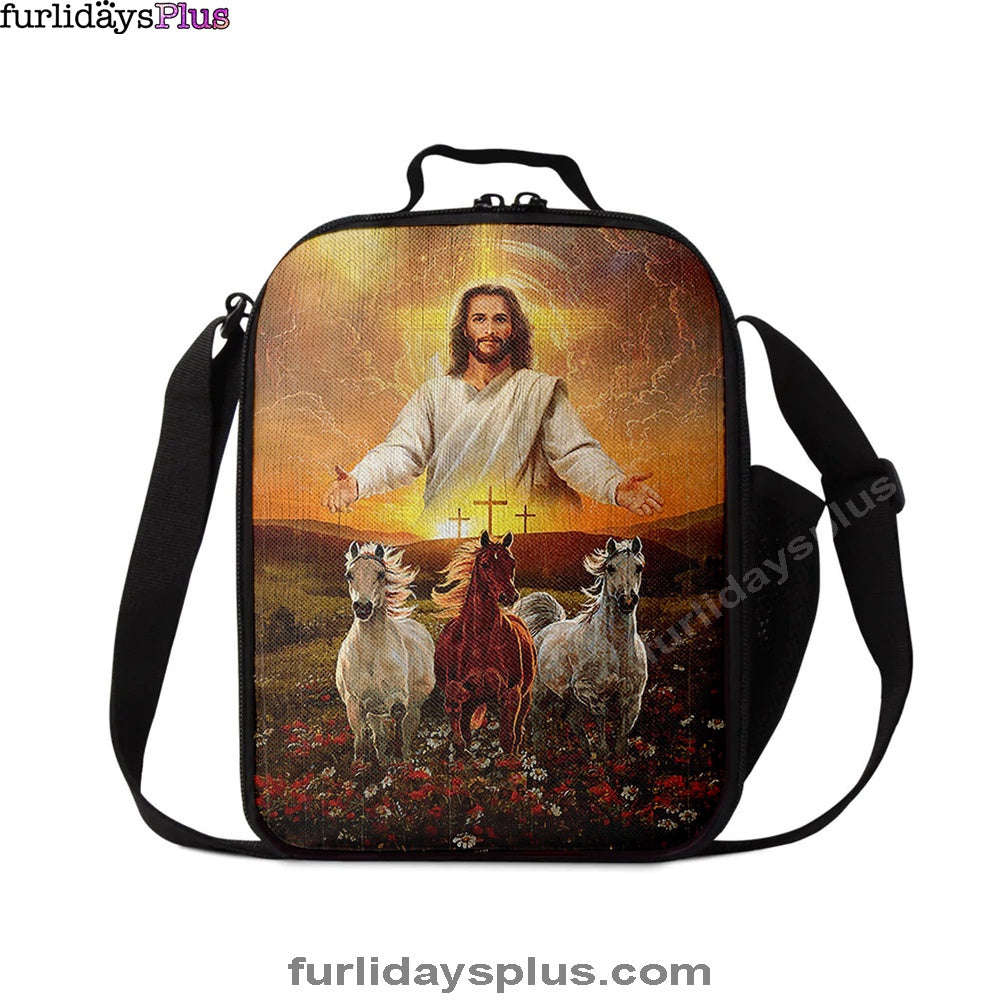Jesus Three Wooden Crosses Gorgeous Horses Running At Sunrise Lunchbag, Christian Lunch Bagl Lunchbag, Gift For Horse Lover