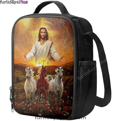 Jesus Three Wooden Crosses Gorgeous Horses Running At Sunrise Lunchbag, Christian Lunch Bagl Lunchbag, Gift For Horse Lover