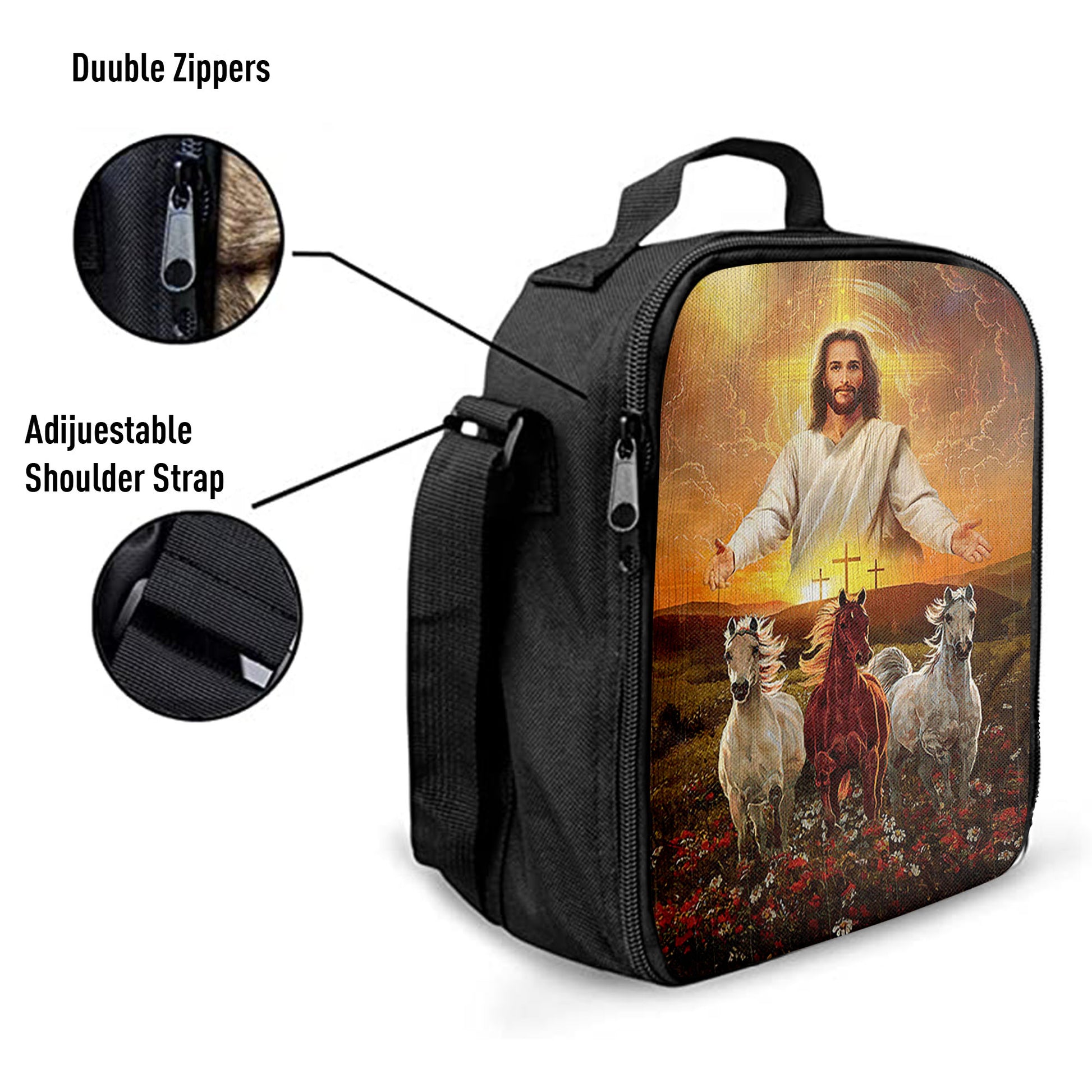Jesus Three Wooden Crosses Gorgeous Horses Running At Sunrise Lunchbag, Christian Lunch Bagl Lunchbag, Gift For Horse Lover