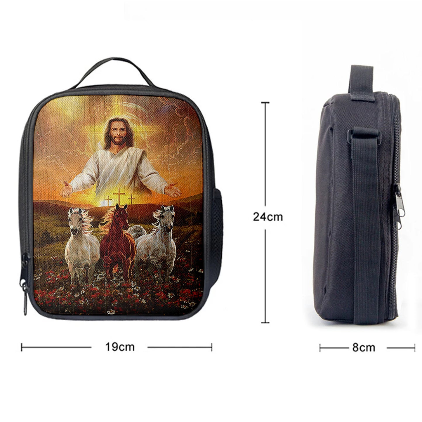Jesus Three Wooden Crosses Gorgeous Horses Running At Sunrise Lunchbag, Christian Lunch Bagl Lunchbag, Gift For Horse Lover