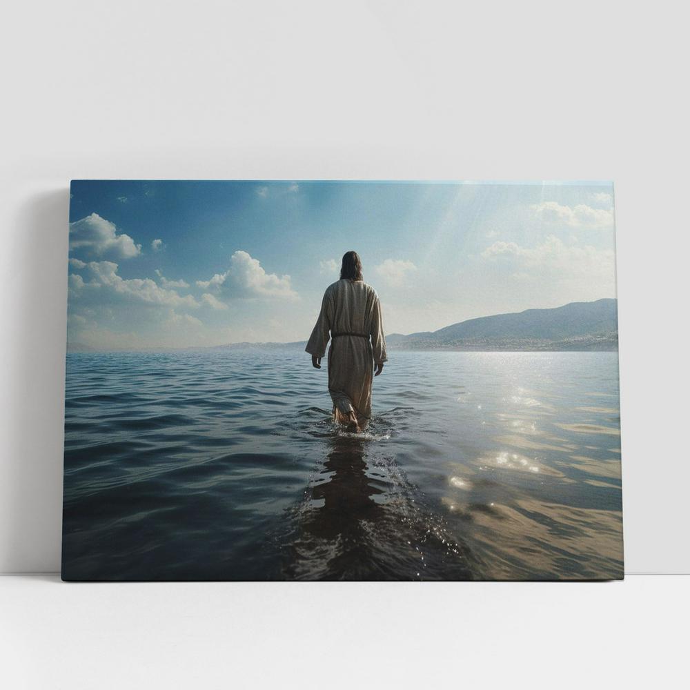 Jesus Walking Water With Sun Shining Him Canvas Pictures, Faith Art, Christian Gifts Canvas Wall Art Decor